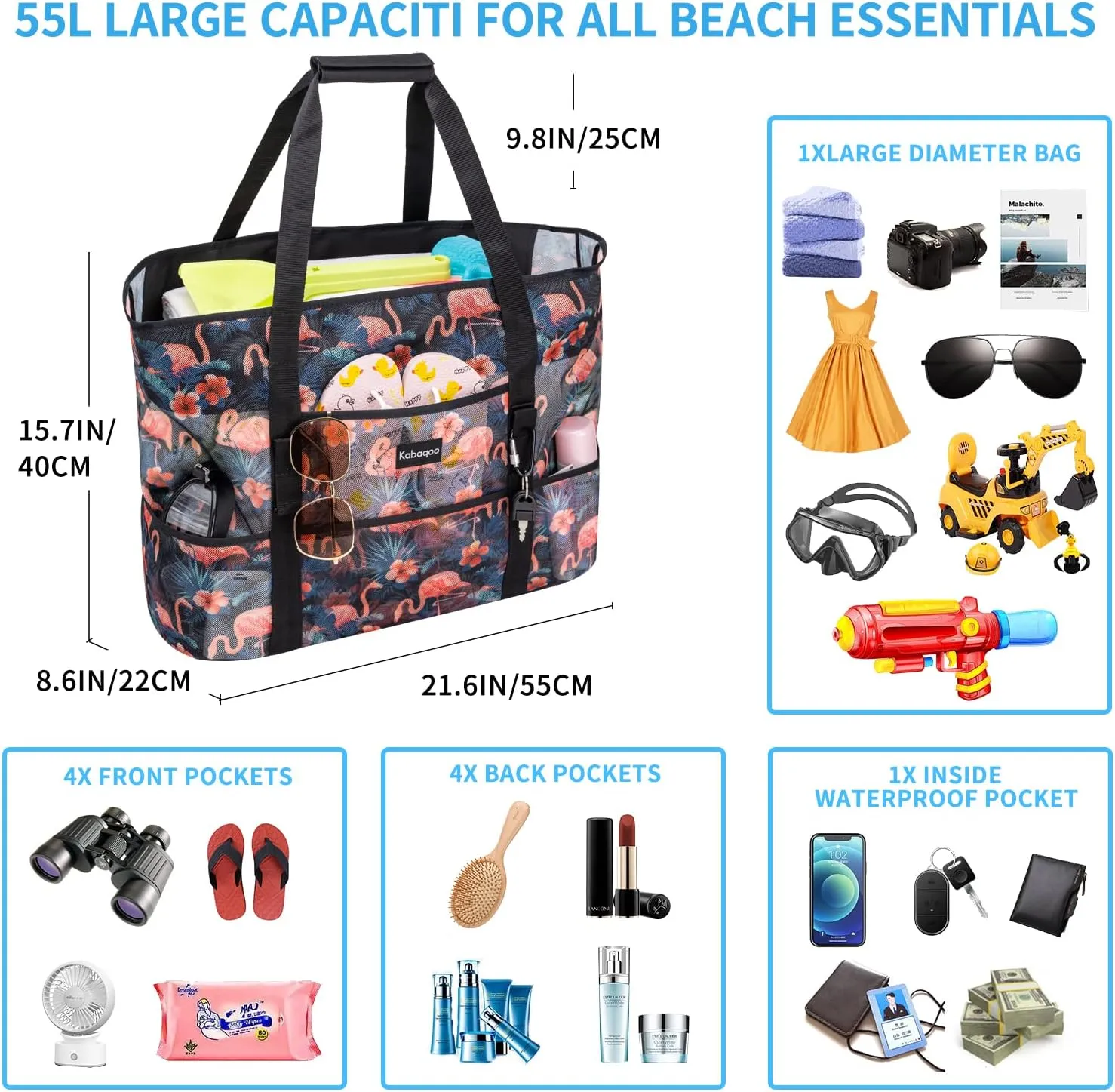 KABAQOO Mesh Beach Bag, Extra Large Beach Bags with 9 Pockets & Zipper Waterproof Lightweight Beach Tote for Beach/Pool Trip