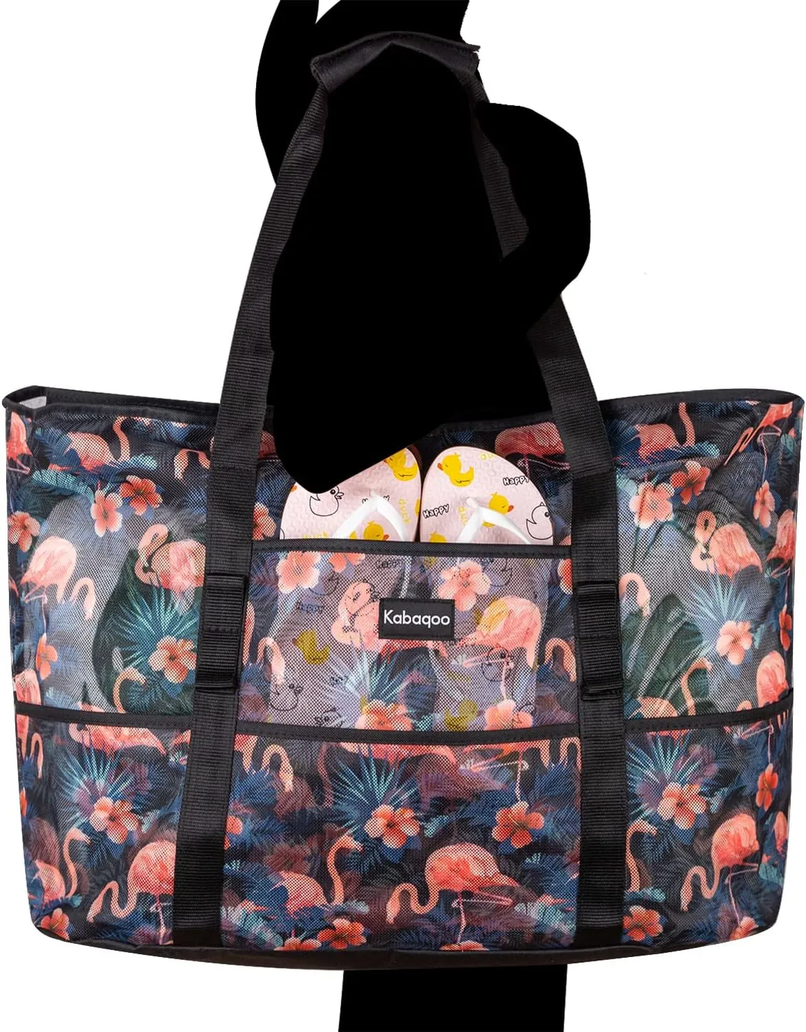 KABAQOO Mesh Beach Bag, Extra Large Beach Bags with 9 Pockets & Zipper Waterproof Lightweight Beach Tote for Beach/Pool Trip