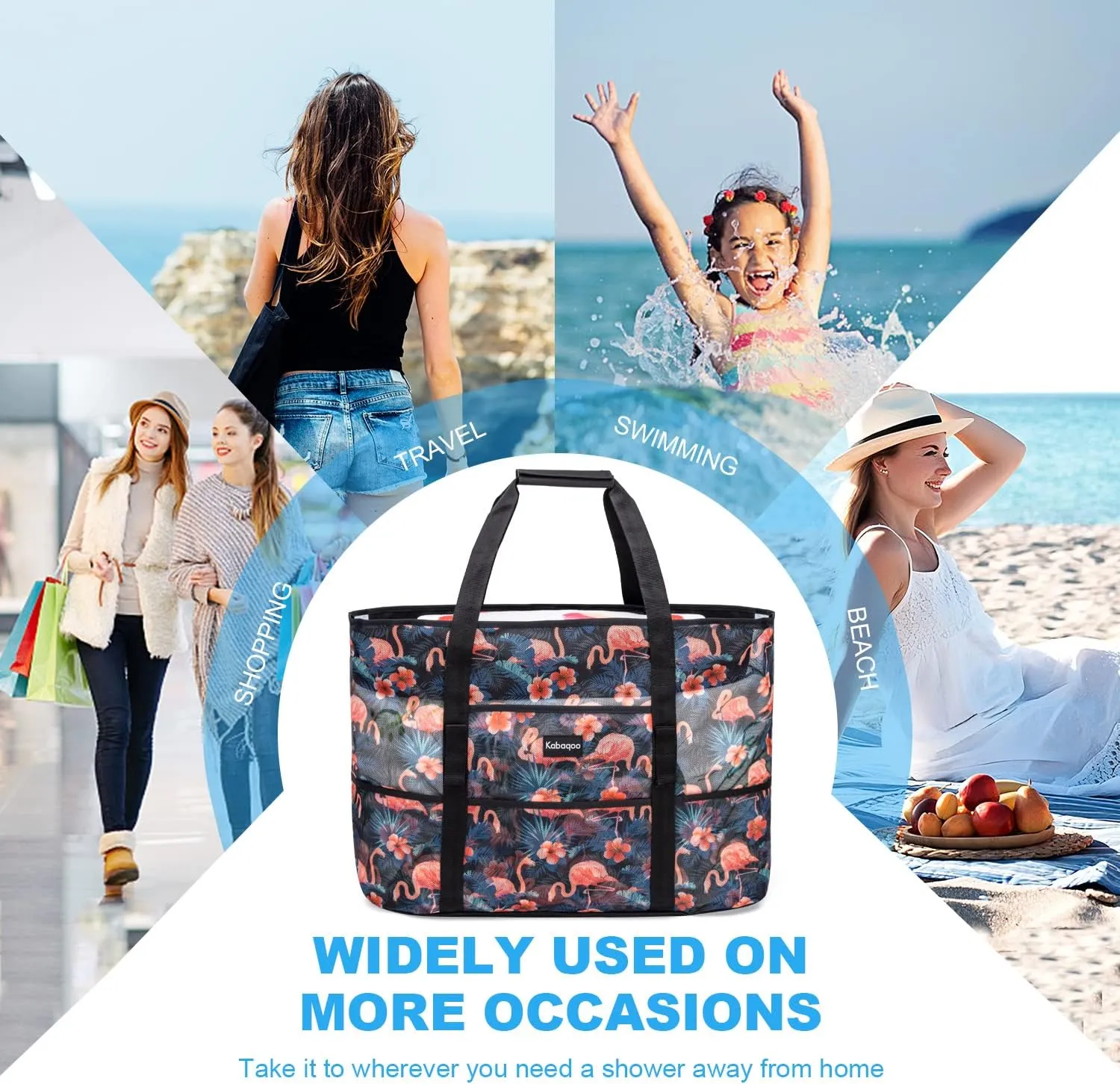 KABAQOO Mesh Beach Bag, Extra Large Beach Bags with 9 Pockets & Zipper Waterproof Lightweight Beach Tote for Beach/Pool Trip