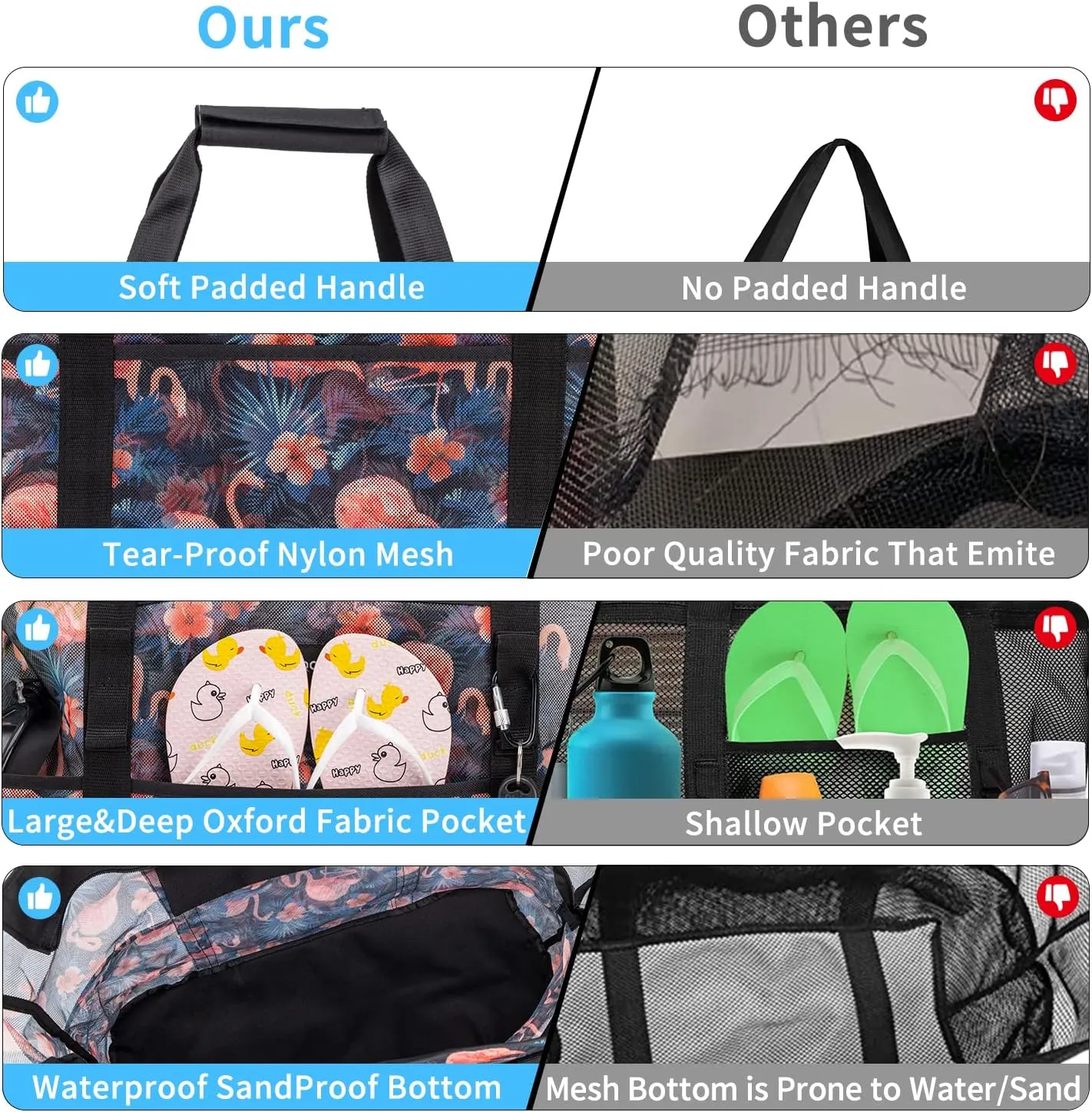 KABAQOO Mesh Beach Bag, Extra Large Beach Bags with 9 Pockets & Zipper Waterproof Lightweight Beach Tote for Beach/Pool Trip