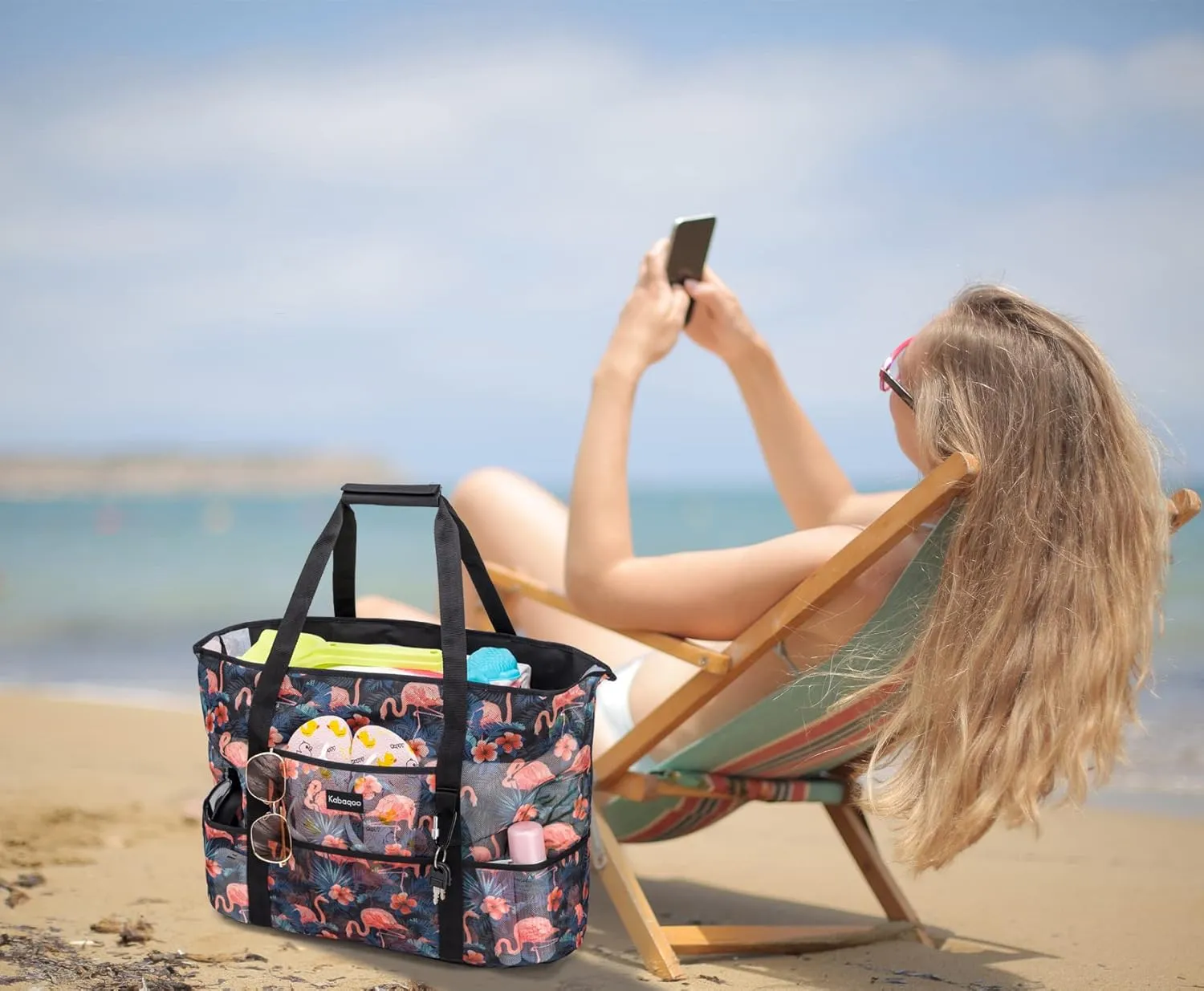 KABAQOO Mesh Beach Bag, Extra Large Beach Bags with 9 Pockets & Zipper Waterproof Lightweight Beach Tote for Beach/Pool Trip