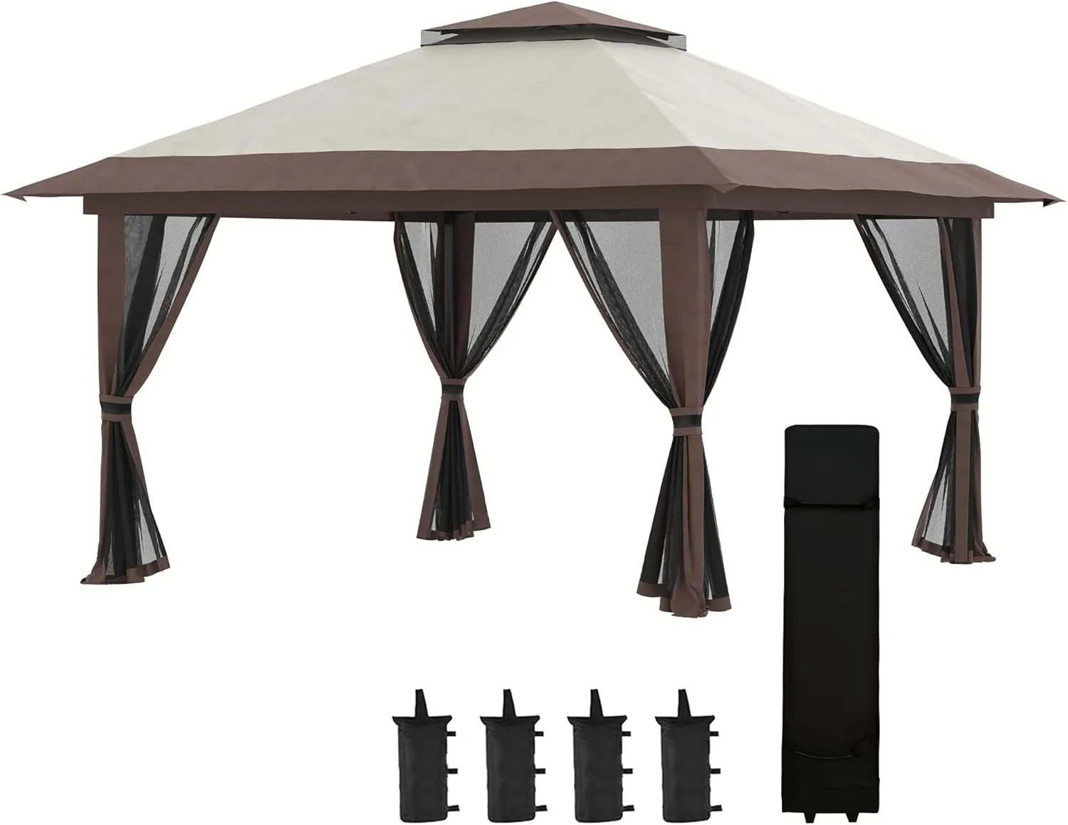 Kaimei 13' x 13' Pop Up Gazebo with Netting for Outdoor Shade Shelter, Party Canopy Tent with 2-Tier Roof, Wheeled Bag, Water/Sand Bags, Beige