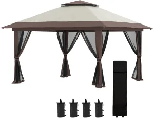 Kaimei 13' x 13' Pop Up Gazebo with Netting for Outdoor Shade Shelter, Party Canopy Tent with 2-Tier Roof, Wheeled Bag, Water/Sand Bags, Beige