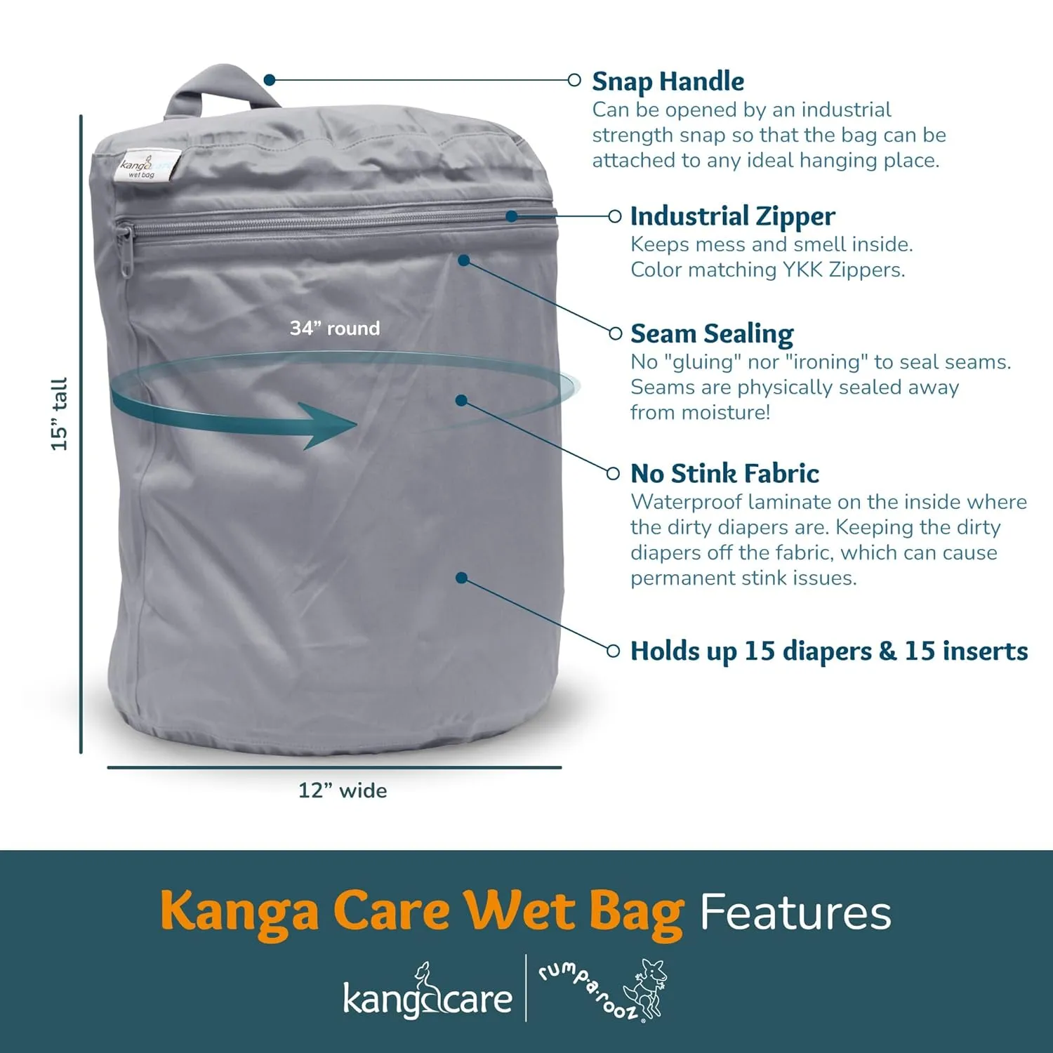 Kanga Care Wet Bag Seam Sealed Waterproof 3D Dimensional for Baby Cloth Diapers, Travel, Beach, Pool, Gym, Swim | Clover