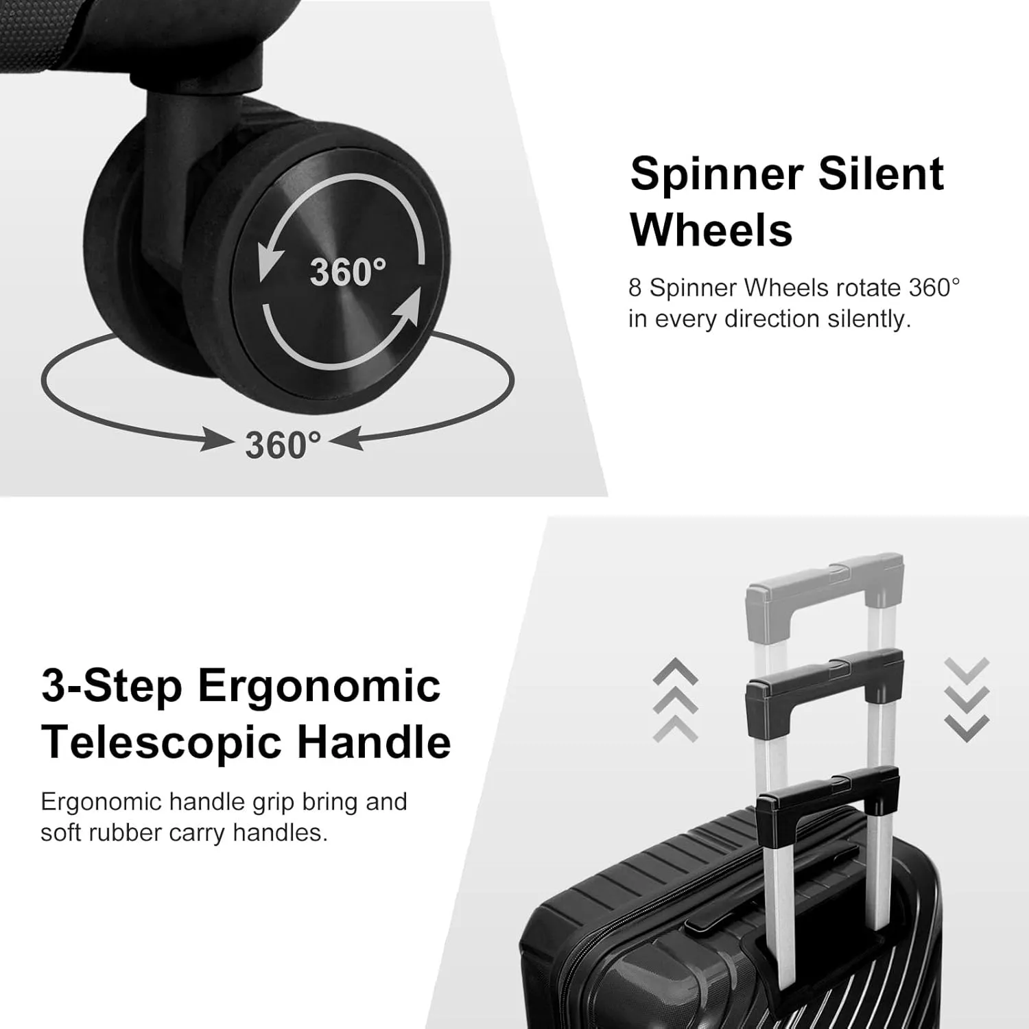 Karl home Luggage Sets 3 Piece, PP Hardshell Carry on Suitcase with Bags, Lightweight Suitcase Sets with Spinner Wheels TSA Lock Waterproof Rolling Luggage for Travel (3PC, Black)