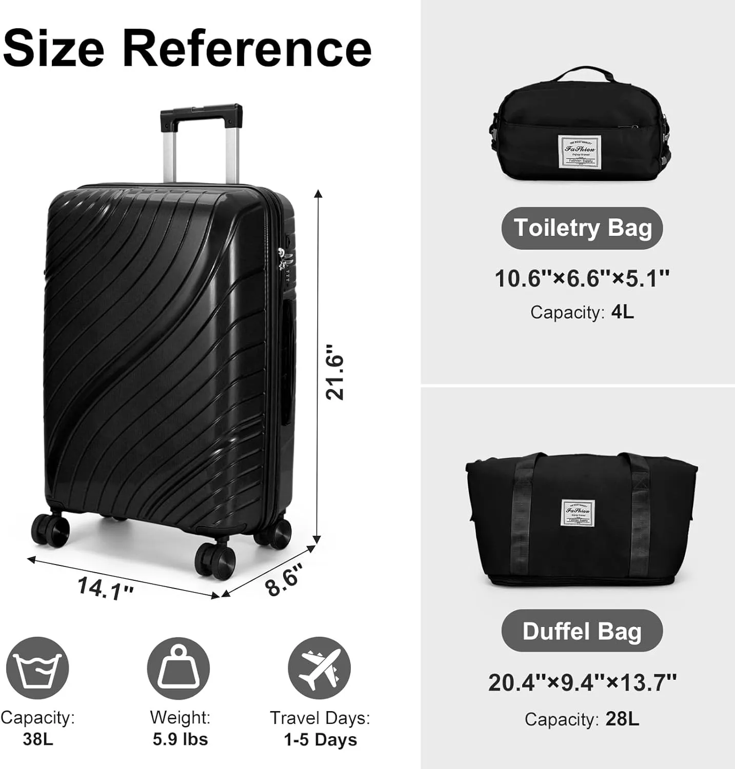 Karl home Luggage Sets 3 Piece, PP Hardshell Carry on Suitcase with Bags, Lightweight Suitcase Sets with Spinner Wheels TSA Lock Waterproof Rolling Luggage for Travel (3PC, Black)