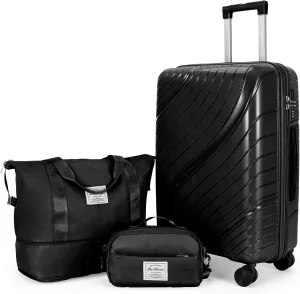 Karl home Luggage Sets 3 Piece, PP Hardshell Carry on Suitcase with Bags, Lightweight Suitcase Sets with Spinner Wheels TSA Lock Waterproof Rolling Luggage for Travel (3PC, Black)