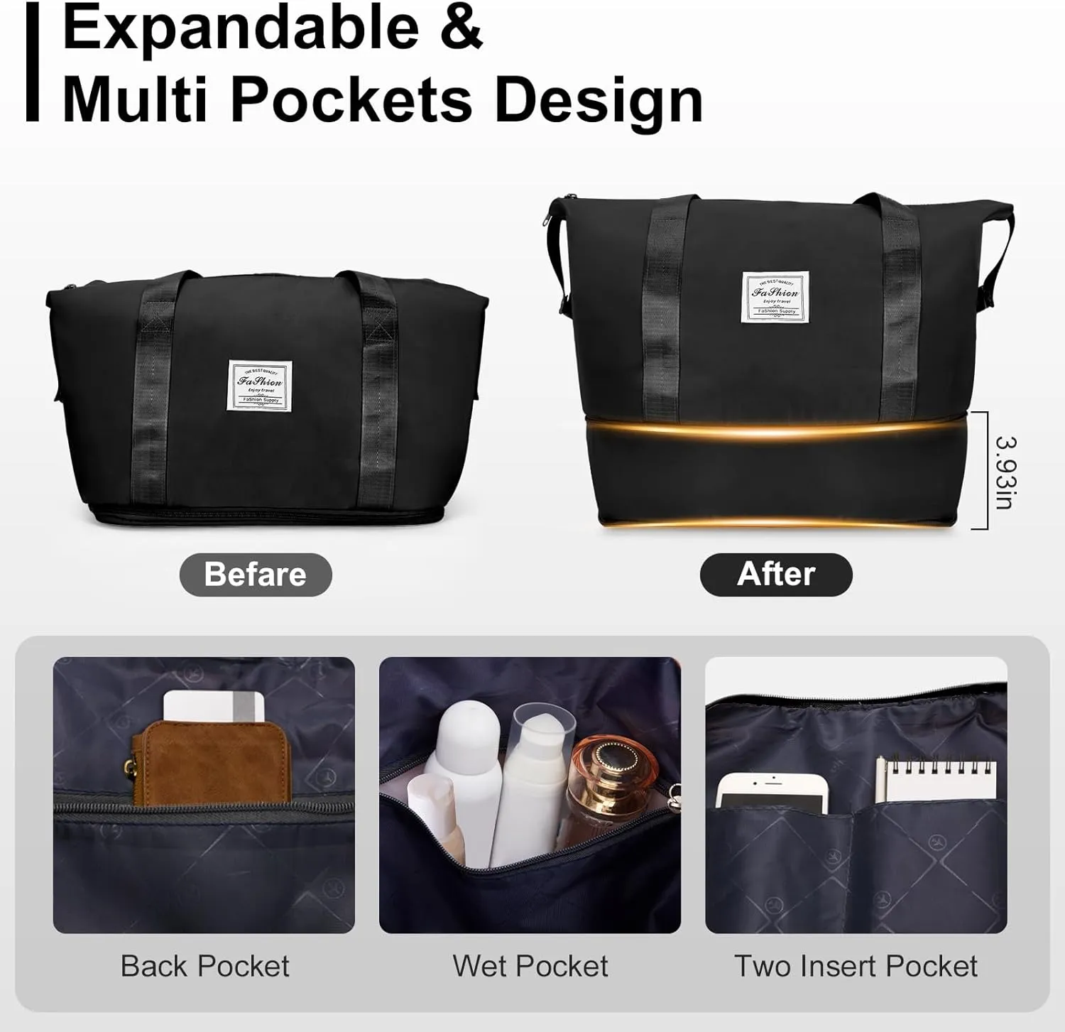 Karl home Luggage Sets 3 Piece, PP Hardshell Carry on Suitcase with Bags, Lightweight Suitcase Sets with Spinner Wheels TSA Lock Waterproof Rolling Luggage for Travel (3PC, Black)