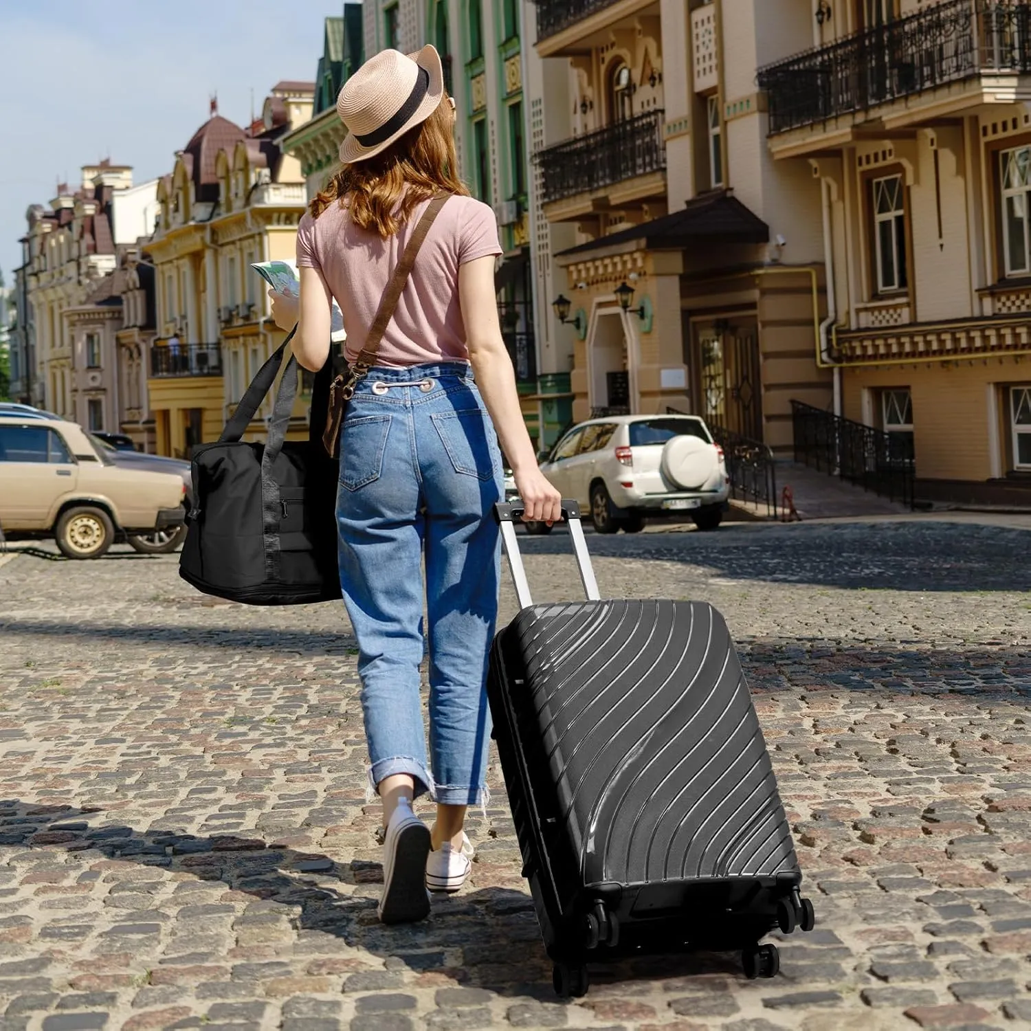 Karl home Luggage Sets 3 Piece, PP Hardshell Carry on Suitcase with Bags, Lightweight Suitcase Sets with Spinner Wheels TSA Lock Waterproof Rolling Luggage for Travel (3PC, Black)