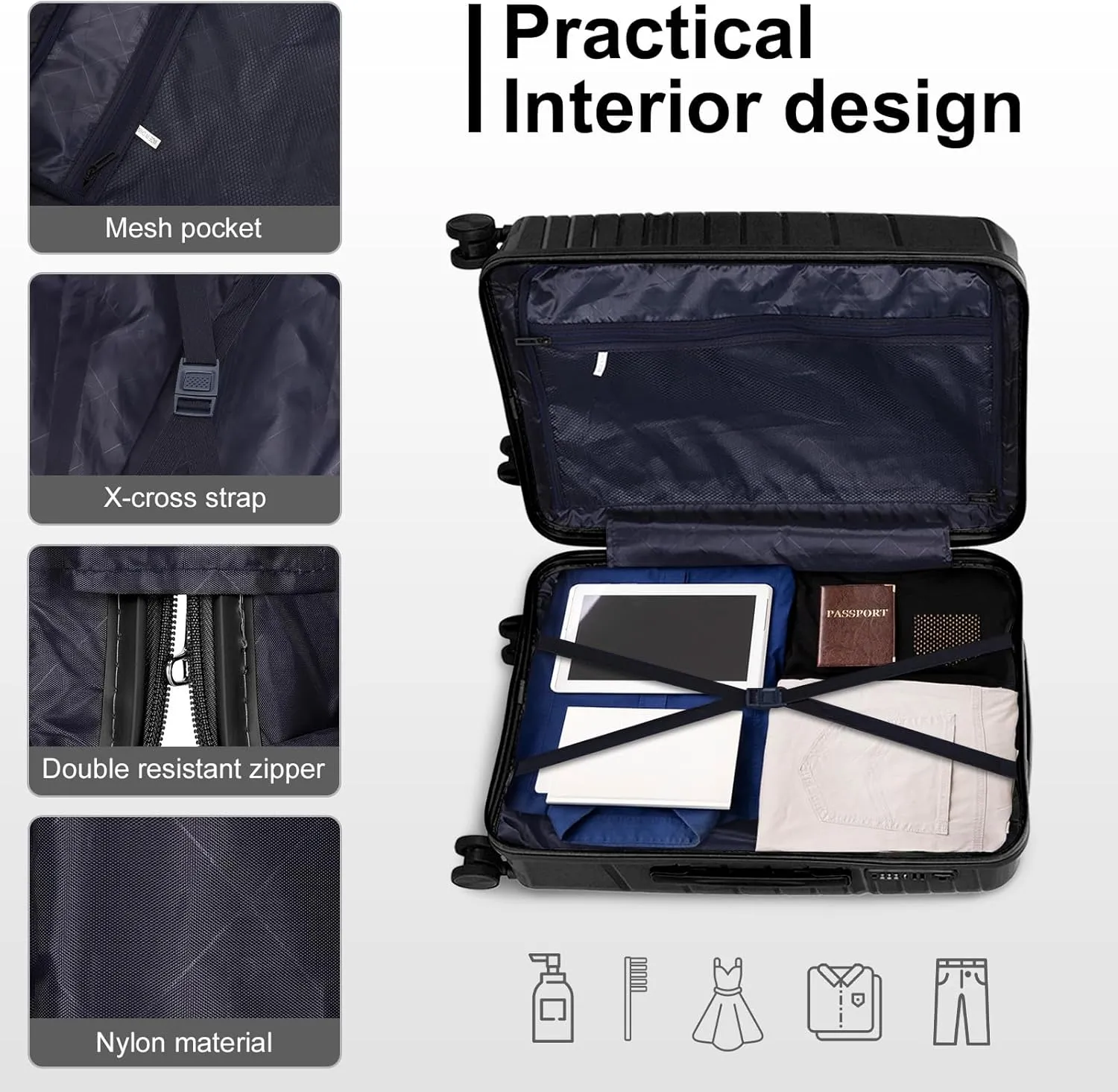 Karl home Luggage Sets 3 Piece, PP Hardshell Carry on Suitcase with Bags, Lightweight Suitcase Sets with Spinner Wheels TSA Lock Waterproof Rolling Luggage for Travel (3PC, Black)