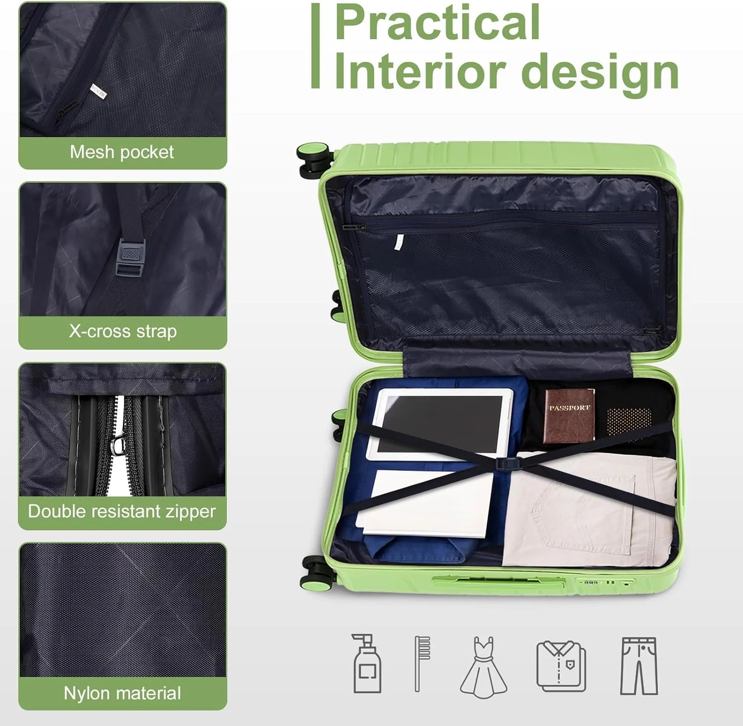 Karl home Luggage Sets 3 Piece, PP Hardshell Carry on Suitcase with Bags, Lightweight Suitcase Sets with Spinner Wheels TSA Lock Waterproof Rolling Luggage for Travel (3PC, Green)