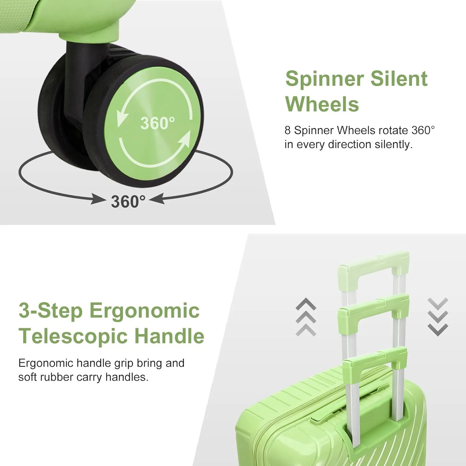 Karl home Luggage Sets 3 Piece, PP Hardshell Carry on Suitcase with Bags, Lightweight Suitcase Sets with Spinner Wheels TSA Lock Waterproof Rolling Luggage for Travel (3PC, Green)