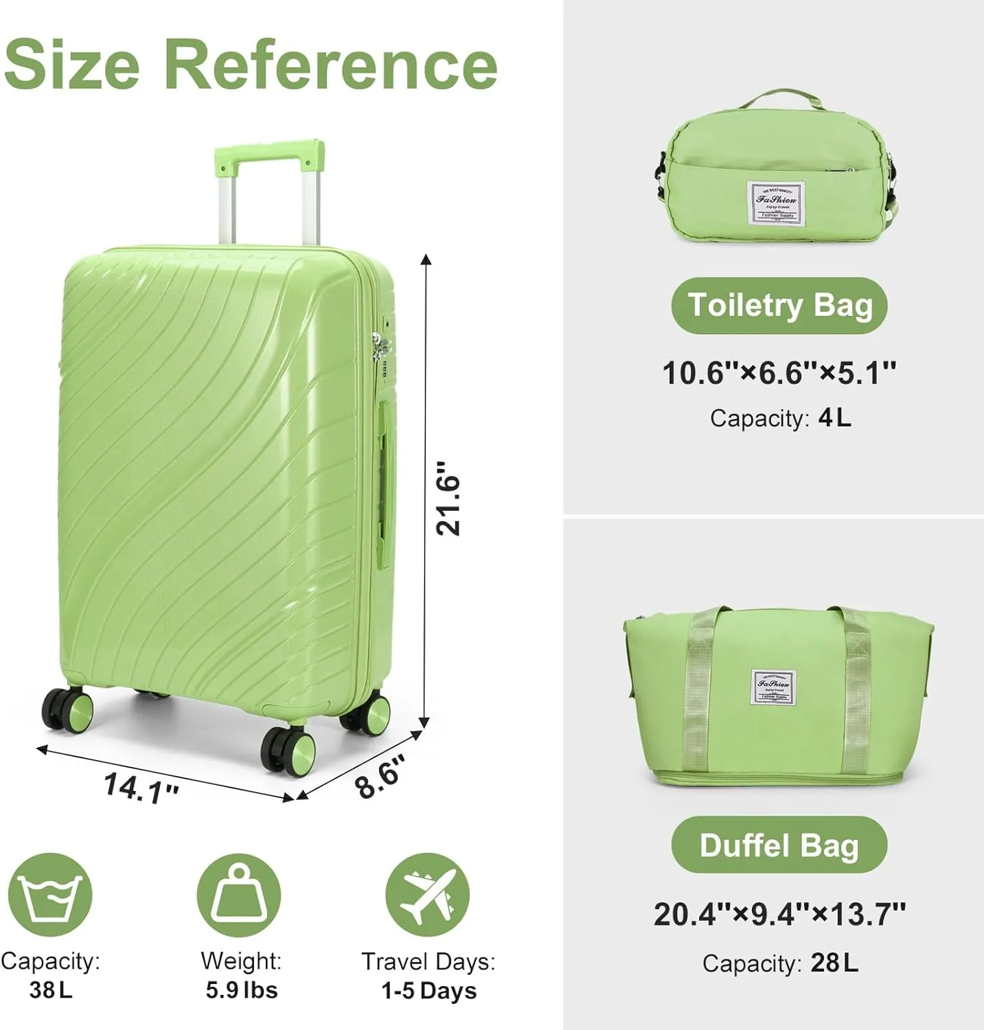 Karl home Luggage Sets 3 Piece, PP Hardshell Carry on Suitcase with Bags, Lightweight Suitcase Sets with Spinner Wheels TSA Lock Waterproof Rolling Luggage for Travel (3PC, Green)