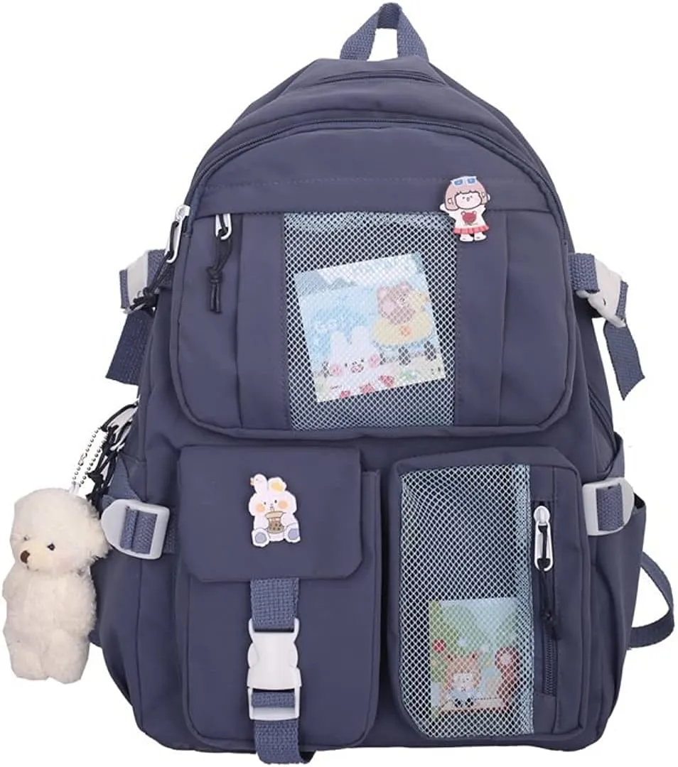 Kawaii Backpack with Bear Pendant, Aesthetic Canvas Students Schoolbag Shoulder Tote Bag Casual Daypack Back to School (Blue) Large
