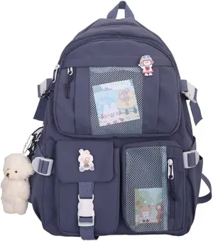 Kawaii Backpack with Bear Pendant, Aesthetic Canvas Students Schoolbag Shoulder Tote Bag Casual Daypack Back to School (Blue) Large
