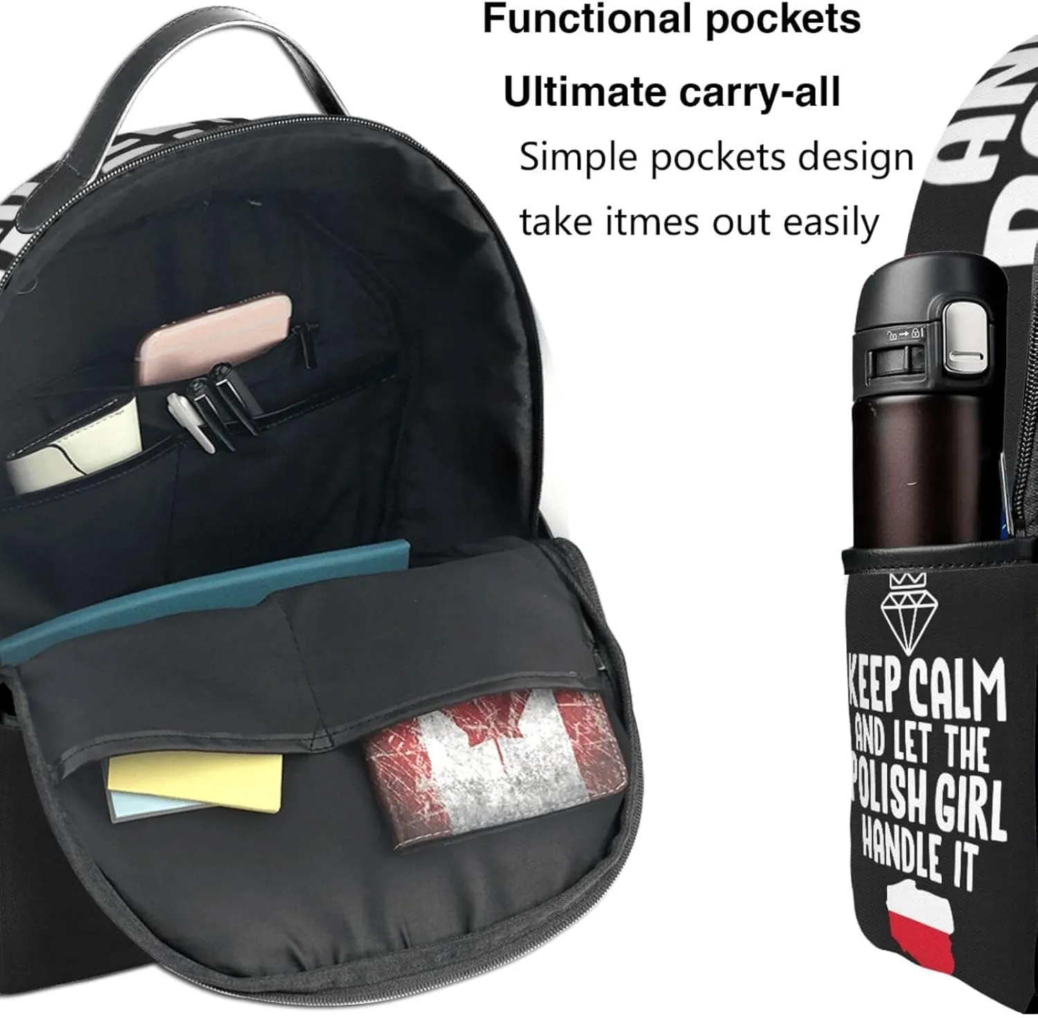 Keep Calm And Let The Polish Women Handle It Poland slogan Casual Backpacks Travel Backpack Fashion Rucksack Outdoor Daypack Lightweight Bag with Leather Handles for Working Hiking Camping