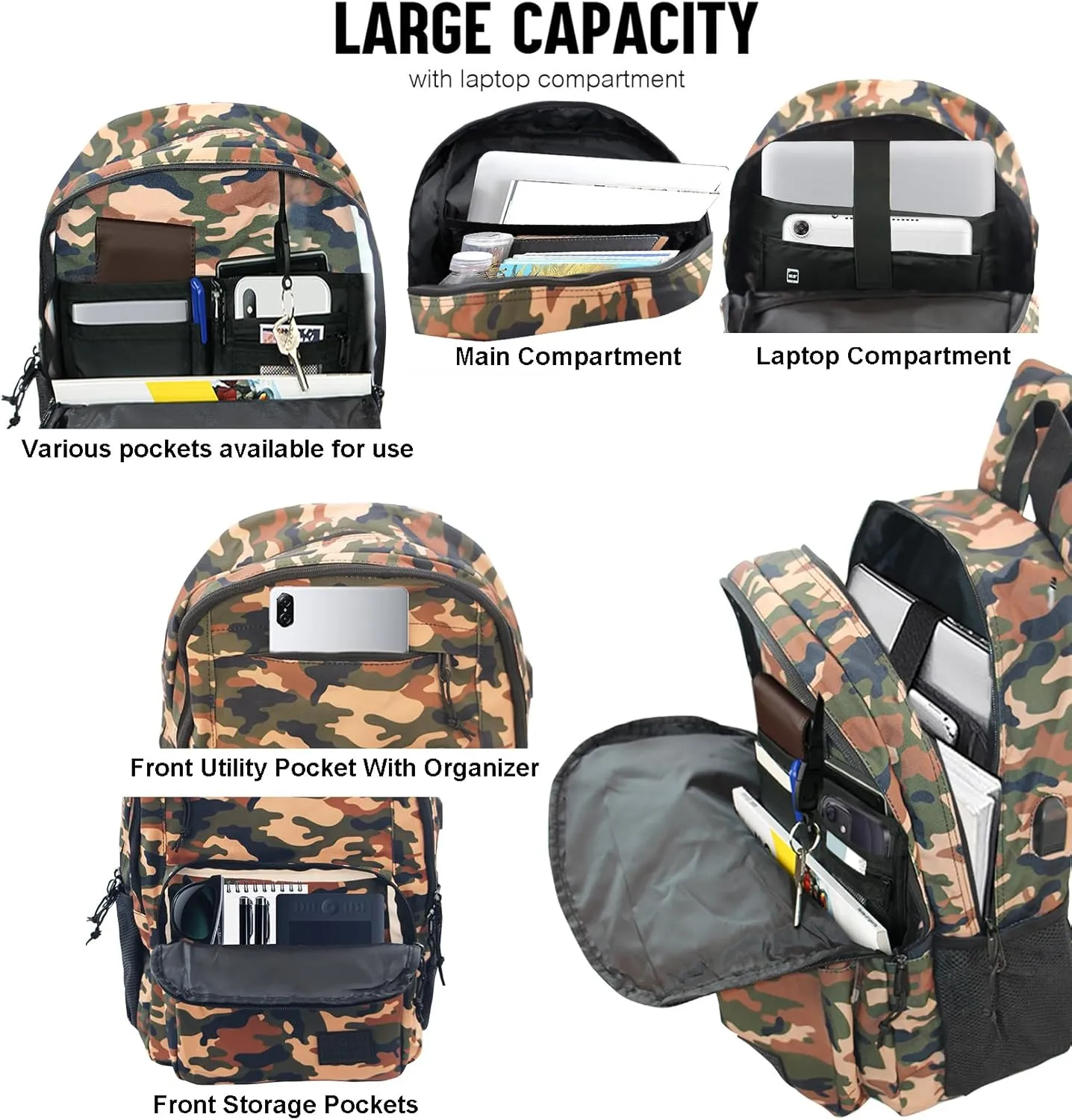 KEOFID classic carry-on travel backpack for men and women, Anti theft laptop backpack with USB charging port, work backpack, backpack for college, water resistent(Camouflage)