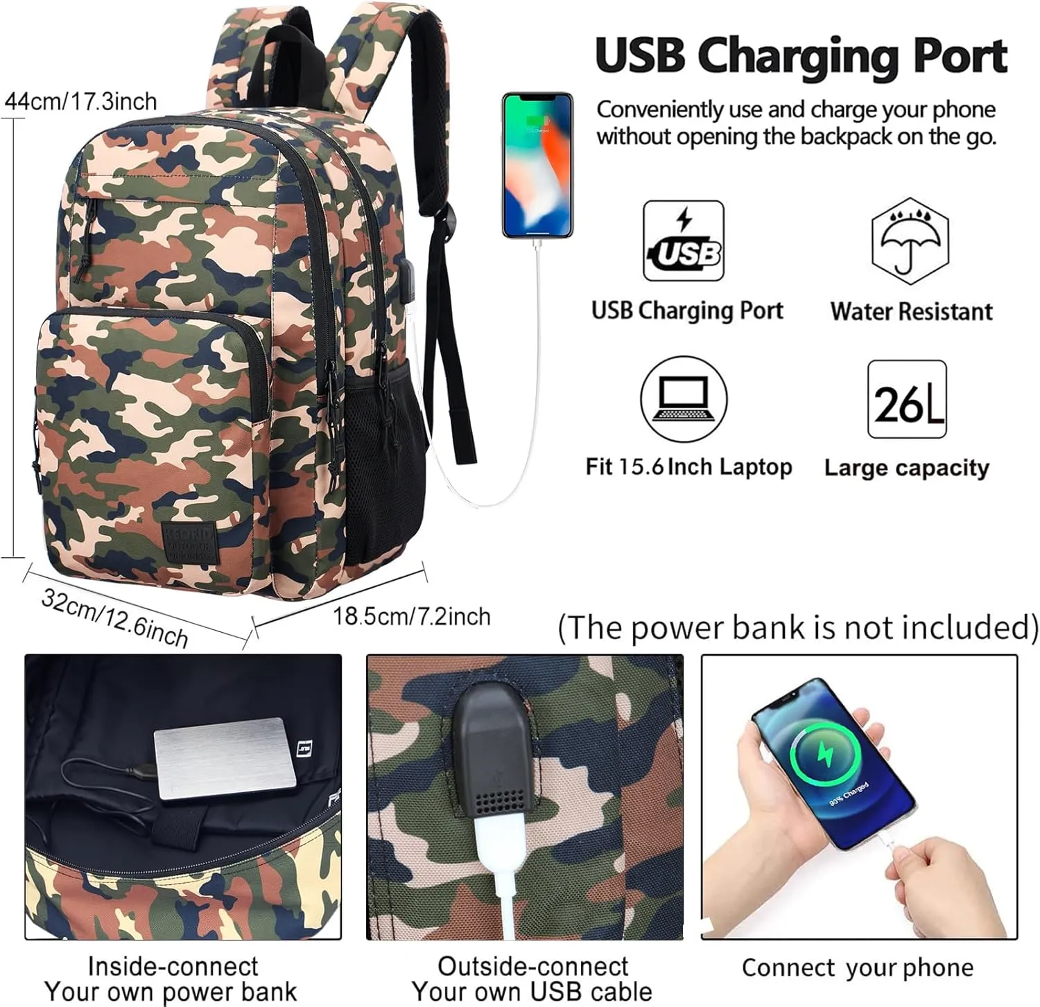 KEOFID classic carry-on travel backpack for men and women, Anti theft laptop backpack with USB charging port, work backpack, backpack for college, water resistent(Camouflage)