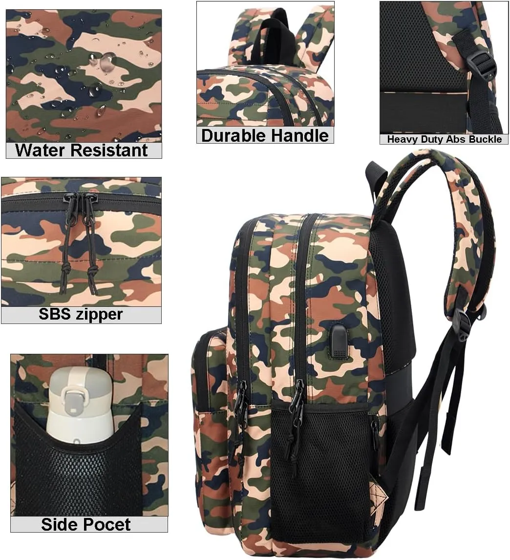 KEOFID classic carry-on travel backpack for men and women, Anti theft laptop backpack with USB charging port, work backpack, backpack for college, water resistent(Camouflage)