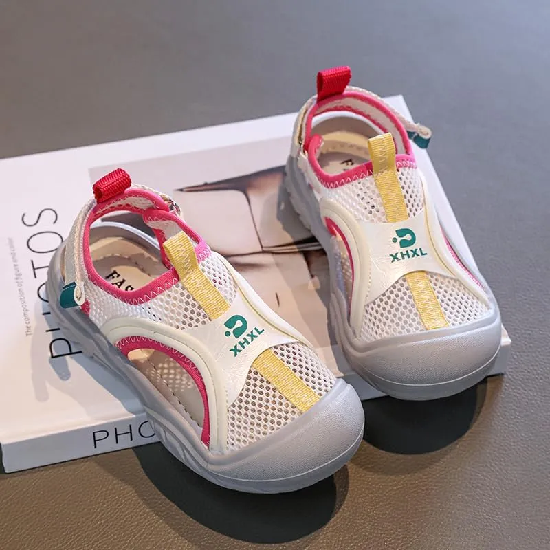 Kids Mesh Summer Sandals, Breathable Outdoor Water Shoes, Pink and Yellow Trim, Grey Rubber Toe