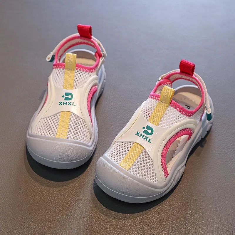 Kids Mesh Summer Sandals, Breathable Outdoor Water Shoes, Pink and Yellow Trim, Grey Rubber Toe