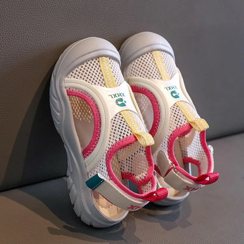 Kids Mesh Summer Sandals, Breathable Outdoor Water Shoes, Pink and Yellow Trim, Grey Rubber Toe