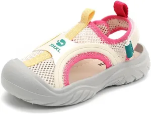 Kids Mesh Summer Sandals, Breathable Outdoor Water Shoes, Pink and Yellow Trim, Grey Rubber Toe