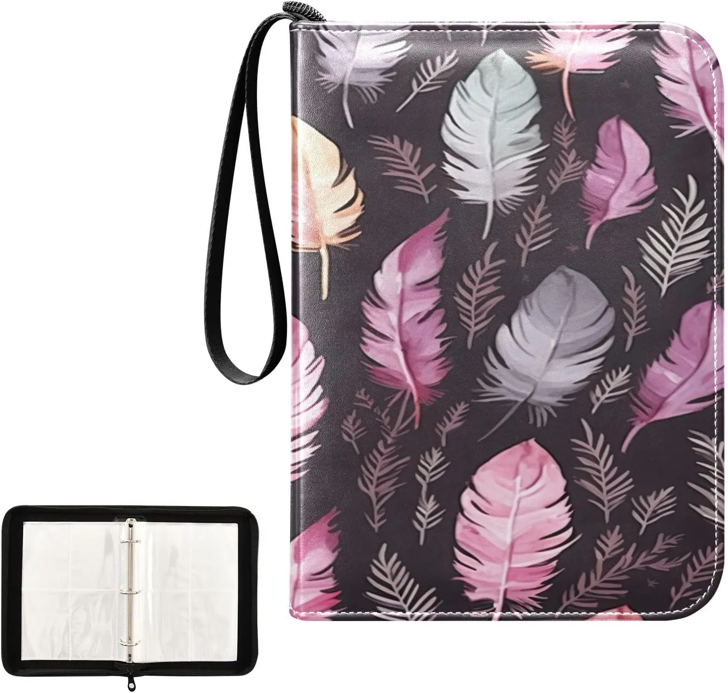 Kigai Colorful Feather Card Binder 4-Pocket Trading Card Binder Game Card Collection Binder Album Holder with 50 Removable Sleeves Up to 400 Sports Cards
