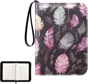 Kigai Colorful Feather Card Binder 4-Pocket Trading Card Binder Game Card Collection Binder Album Holder with 50 Removable Sleeves Up to 400 Sports Cards