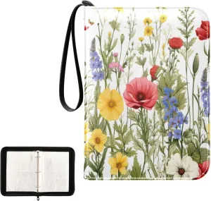 Kigai Colorful Flower Card Binder 4-Pocket Trading Card Binder Game Card Collection Binder Album Holder with 50 Removable Sleeves Up to 400 Sports Cards