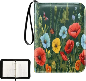 Kigai Colorful Flower Card Binder 4-Pocket Trading Card Binder Game Card Collection Binder Album Holder with 50 Removable Sleeves Up to 400 Sports Cards
