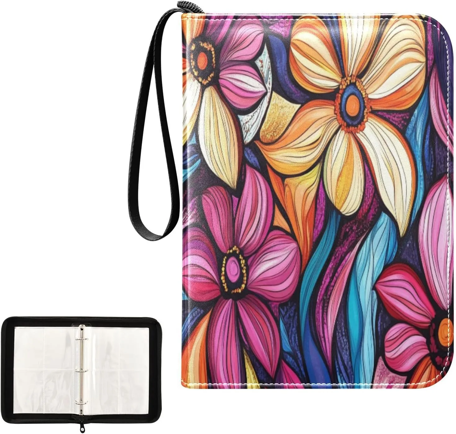Kigai Colorful Flowers Card Binder 4-Pocket Trading Card Binder Game Card Collection Binder Album Holder with 50 Removable Sleeves Up to 400 Sports Cards