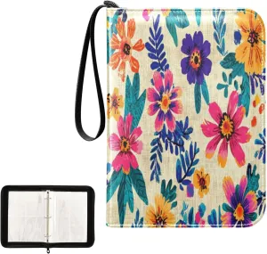 Kigai Colorful Flowers Card Binder 4-Pocket Trading Card Binder Game Card Collection Binder Album Holder with 50 Removable Sleeves Up to 400 Sports Cards