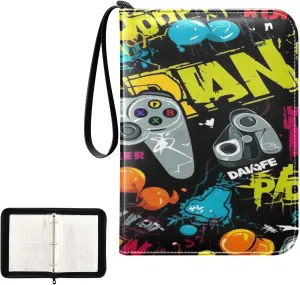 Kigai Colorful Gamepads Card Binder 4-Pocket Trading Card Binder Game Card Collection Binder Album Holder with 50 Removable Sleeves Up to 400 Sports Cards