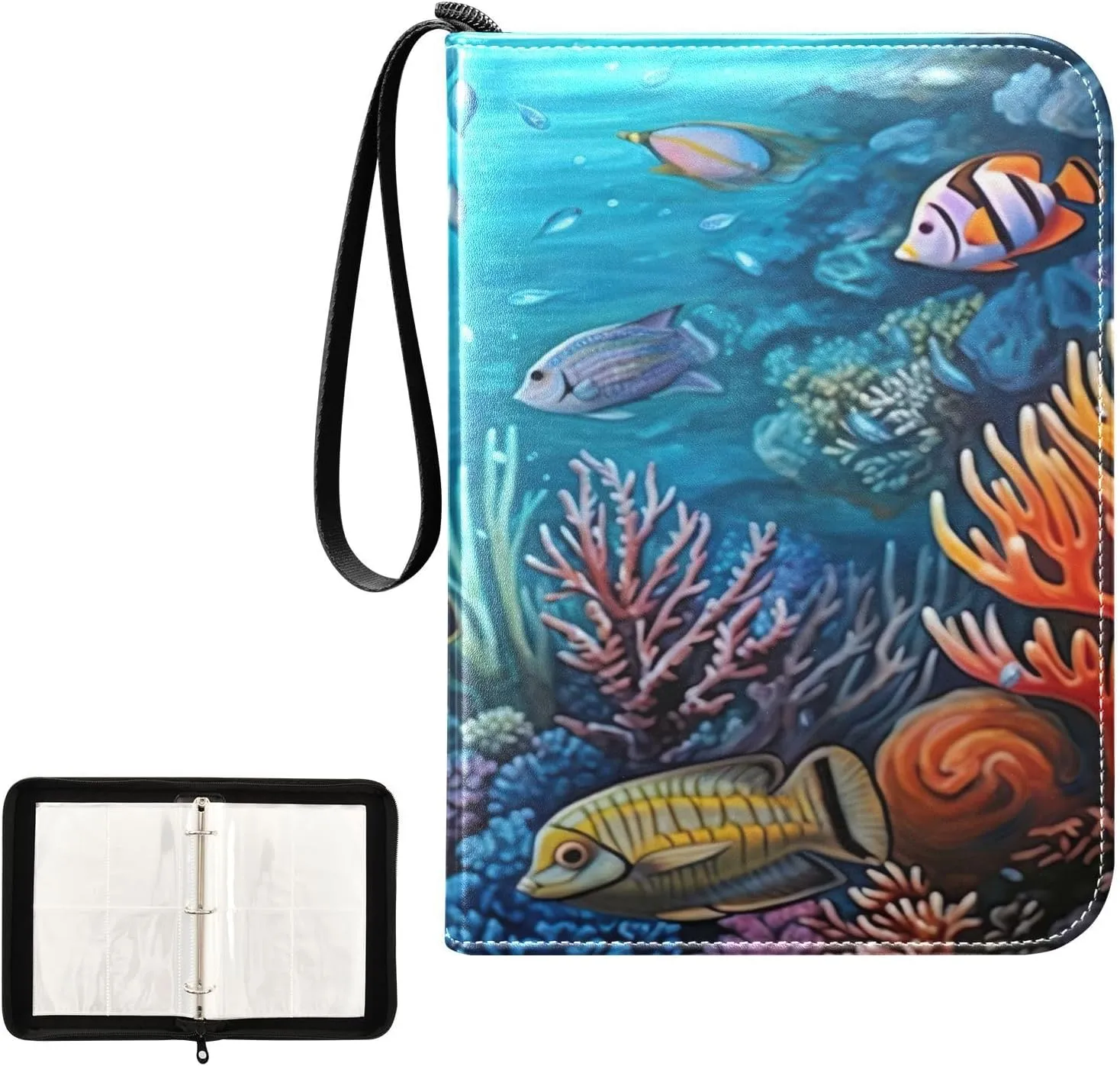 Kigai Ocean Fish Card Binder 4-Pocket Trading Card Binder Game Card Collection Binder Album Holder with 50 Removable Sleeves Up to 400 Sports Cards