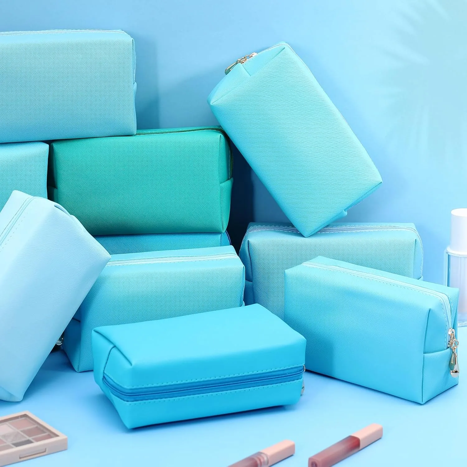 Kigeli 15 Pcs Aesthetic Makeup Bags PU Leather Cosmetic Pouches Waterproof Plain Toiletry Bags Makeup Pouches Bulk for Women Party Gift Travel Storage Organizer(Blue Teal)
