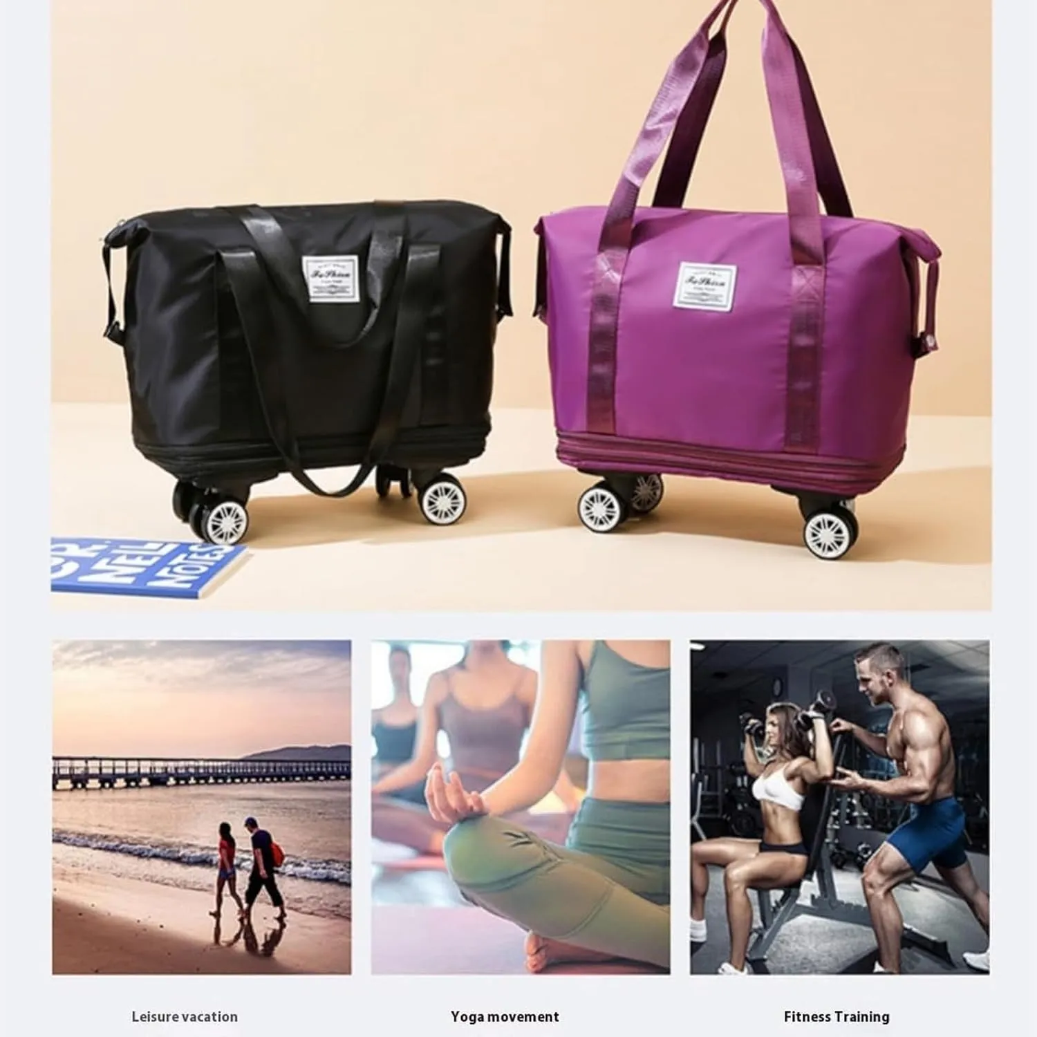 Klarson Expandable Bag With Wheels, Expandable Bag with Wheels, Collapsible Luggage with Wheels without Handle (Black)