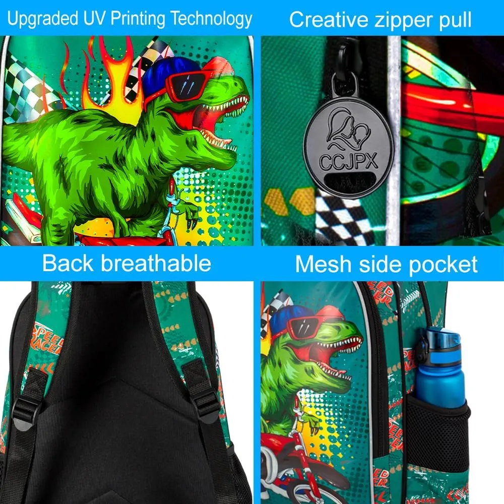 KLFVB 3PCS Dinosaur Backpack for Boys, 16" Kids Bookbag and Lunch Box, Water Resistant Camouflage Preschool Backpacks for Elementary Students