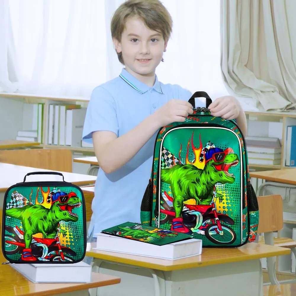 KLFVB 3PCS Dinosaur Backpack for Boys, 16" Kids Bookbag and Lunch Box, Water Resistant Camouflage Preschool Backpacks for Elementary Students