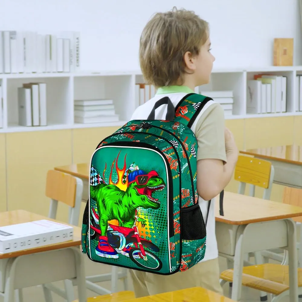 KLFVB 3PCS Dinosaur Backpack for Boys, 16" Kids Bookbag and Lunch Box, Water Resistant Camouflage Preschool Backpacks for Elementary Students