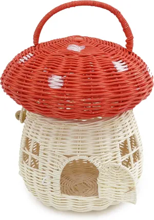 KOLWOVEN Mushroom Basket- Mushroom Home Decor Box With lid Shelves- Rattan Mushroom Newborn Photography Props in Tent, Kitchen - Bag for Kid - Wicker Basket Purse (Red Color)