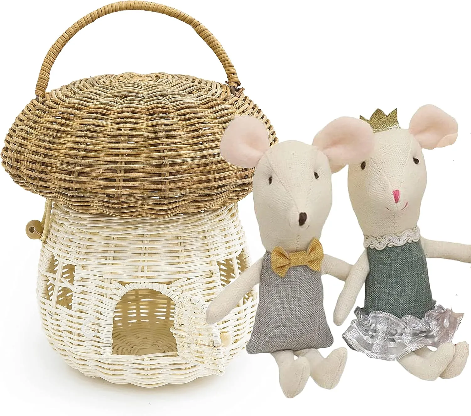 KOLWOVEN Mushroom Rattan Storage Basket with Lid - Mouse in a Box House- Small Doll house- Decorative Hand Woven Shelf Organizer Cute Handmade Handcrafted Gift Decoration Artwork Wicker (Natural)
