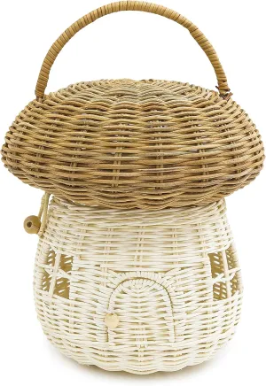 KOLWOVEN Mushroom Rattan Storage Basket with Lid - Mouse in a Box House- Small Doll house- Decorative Hand Woven Shelf Organizer Cute Handmade Handcrafted Gift Decoration Artwork Wicker (Natural)