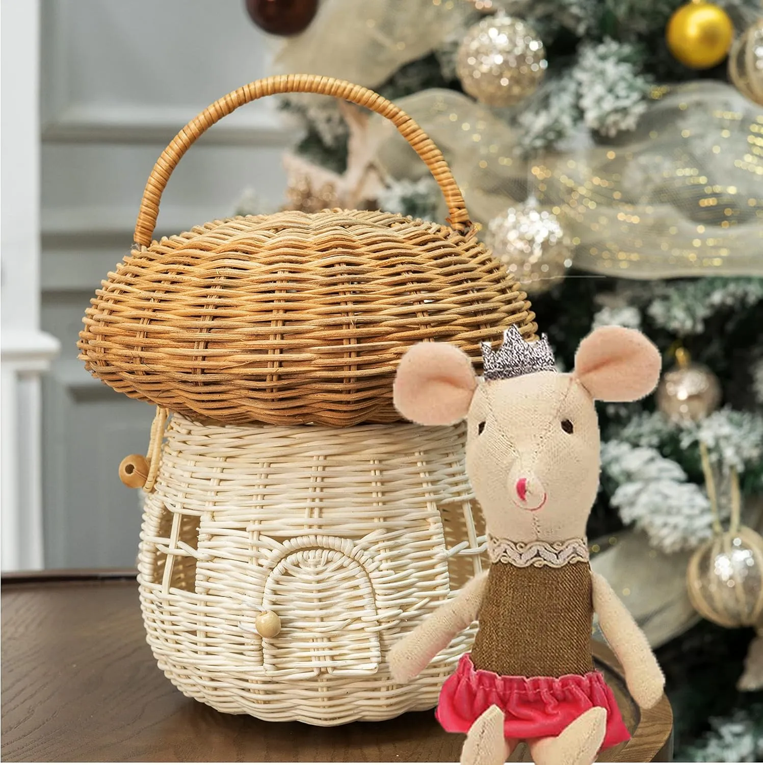 KOLWOVEN Mushroom Rattan Storage Basket with Lid - Mouse in a Box House- Small Doll house- Decorative Hand Woven Shelf Organizer Cute Handmade Handcrafted Gift Decoration Artwork Wicker (Natural)