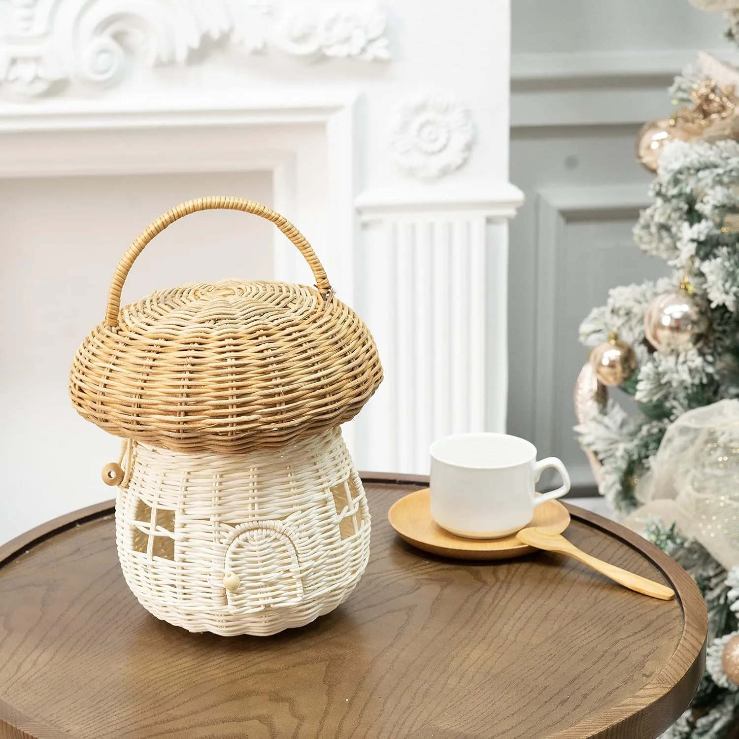 KOLWOVEN Mushroom Rattan Storage Basket with Lid - Mouse in a Box House- Small Doll house- Decorative Hand Woven Shelf Organizer Cute Handmade Handcrafted Gift Decoration Artwork Wicker (Natural)