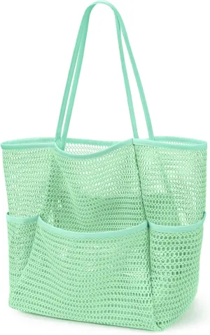 KPX Beach Bag with Mini Pocket, Beach Tote Bags for Women Large Foldable Mesh Swimming Pool Travel Bags - Sandproof