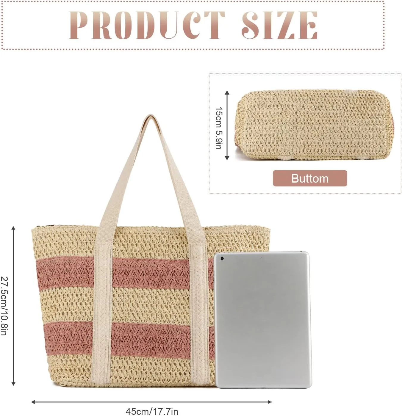 KUANG! Large Straw Beach Bag for women Stripes Woven Straw Tote Bag Summer Handbag Shoulder Bag