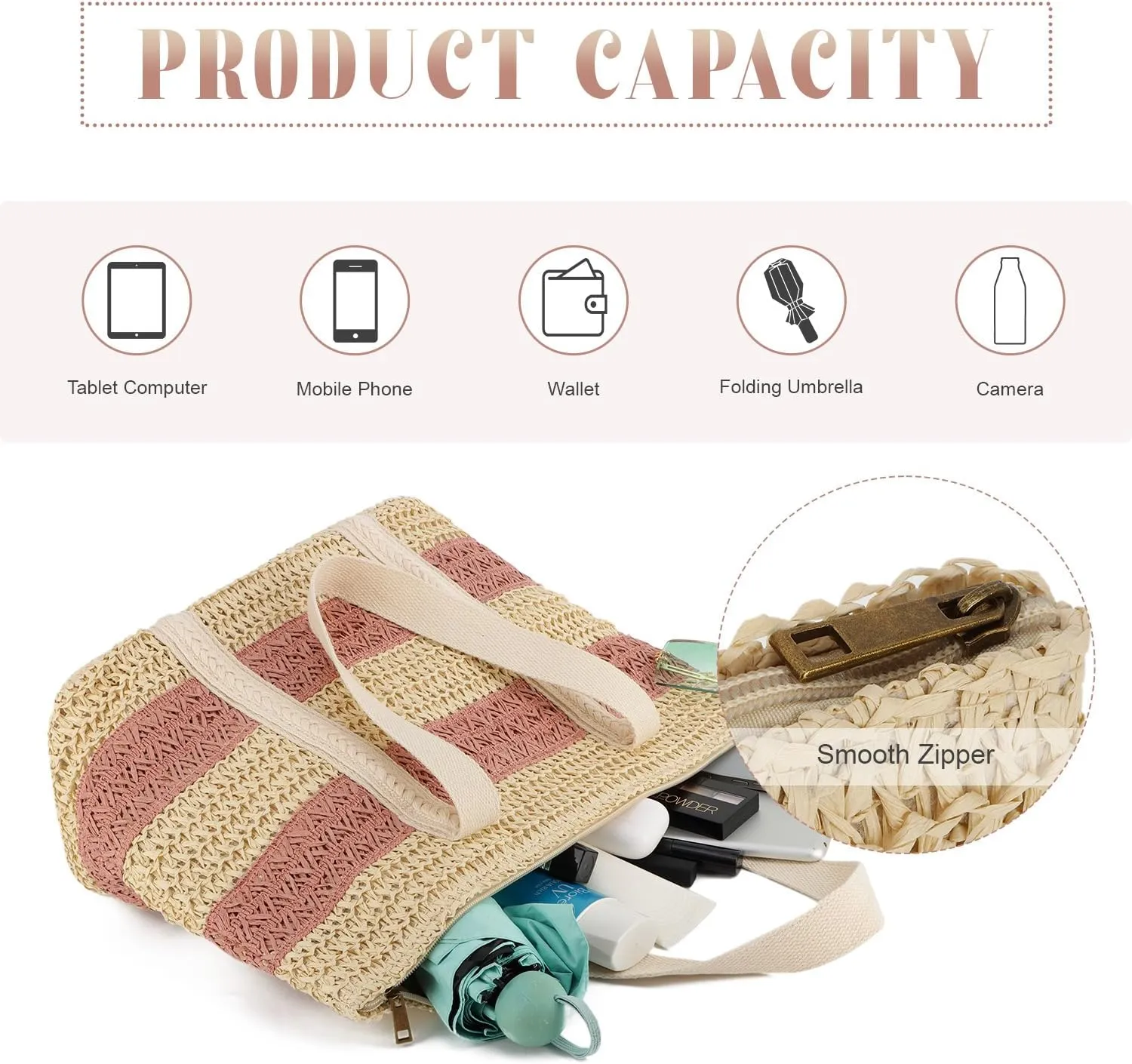 KUANG! Large Straw Beach Bag for women Stripes Woven Straw Tote Bag Summer Handbag Shoulder Bag