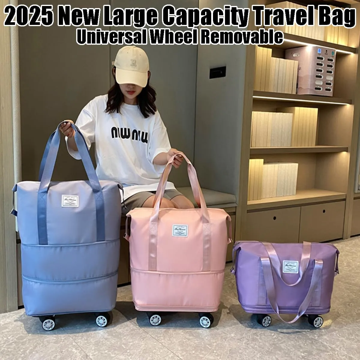 Kulken Travel Bag with Wheels, Kulken Travel Bag with Removable Wheels, 2025 New Large Capacity, Foldie Expandable - Lightweight Carry (Light Purple)