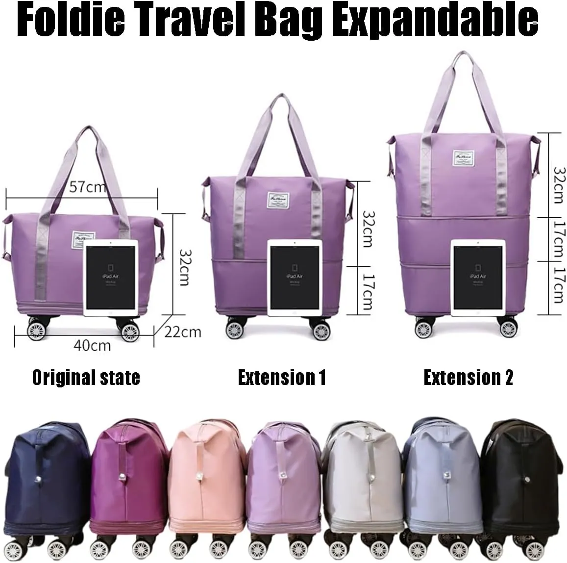 Kulken Travel Bag with Wheels, Kulken Travel Bag with Removable Wheels, 2025 New Large Capacity, Foldie Expandable - Lightweight Carry (Light Purple)